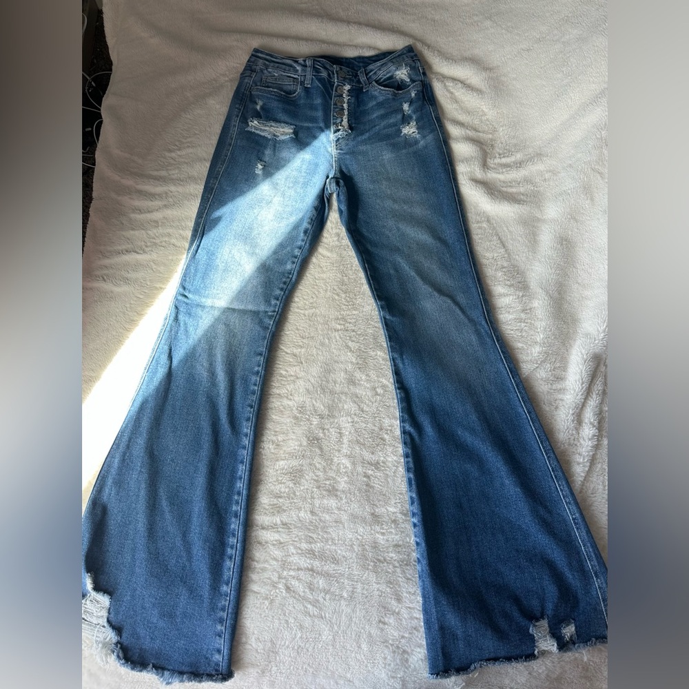 Flying Monkey Women's Distressed Flare Jeans - Medium Blue